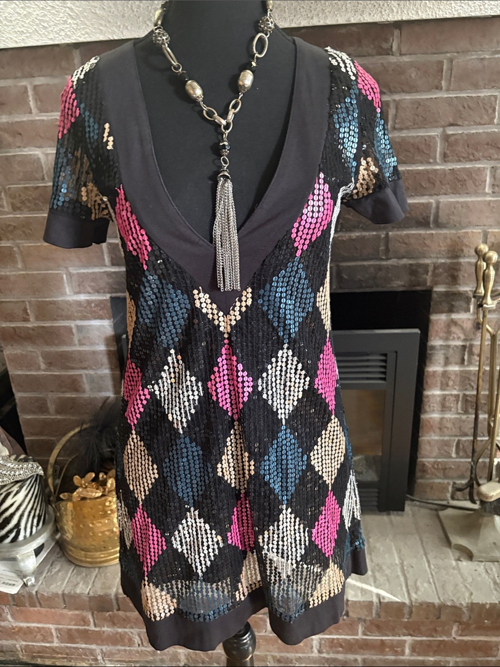 Vero Moda Black Sequin Mini Dress with Pink, Blue & Cream Argyle